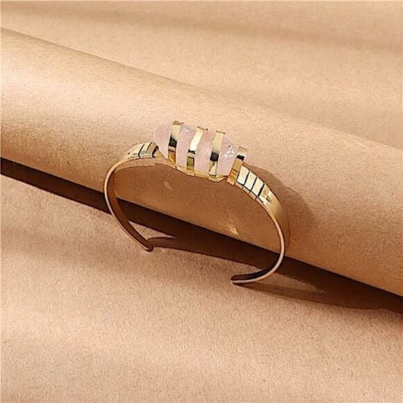 Artisan Free Spirit Unique Pink Stone Cuff Bracelet Minimalist Gold Tone Jewelry - Picture 6 of 8